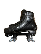 Black hockey skate with visible branding on a beige background